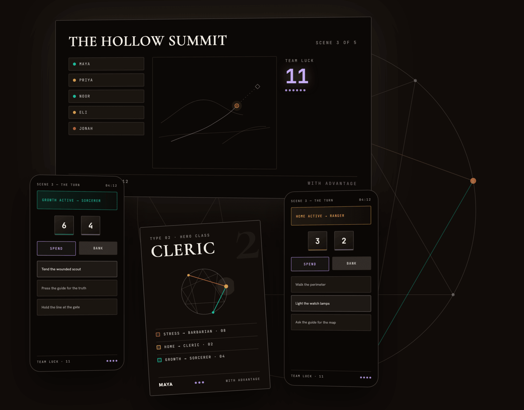 The Quest Engine in session: the room screen, a hero card, and two player phones